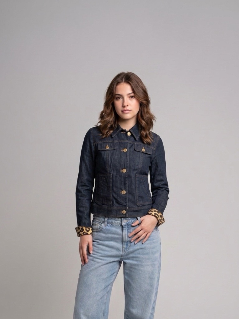 Jones New York Dark Indigo Denim Jacket with Leopard Cuff Accent